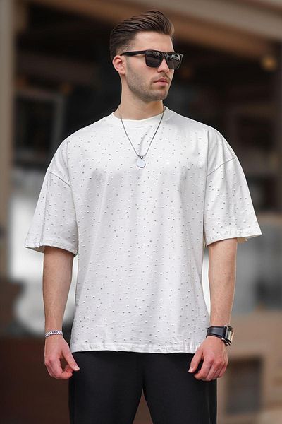 Madmext 7032 Model Ecru T-shirt oversize z bawełny z przetarciami