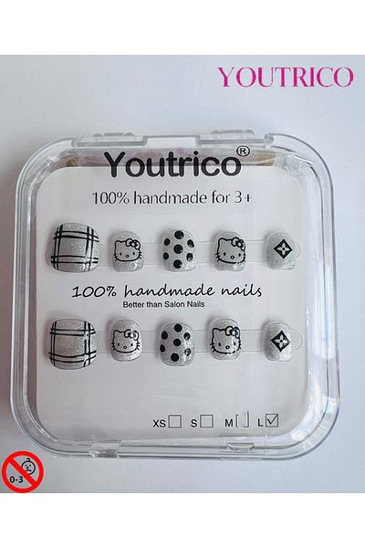 Youtrico Kid Press-on Nails 100% Handmade Hello Kitty Green, Non - Toxic, Suitable for 3+,L