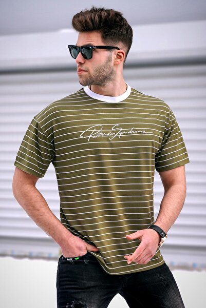 Madmext Ανδρικό ριγέ χακί μπλουζάκι 5801