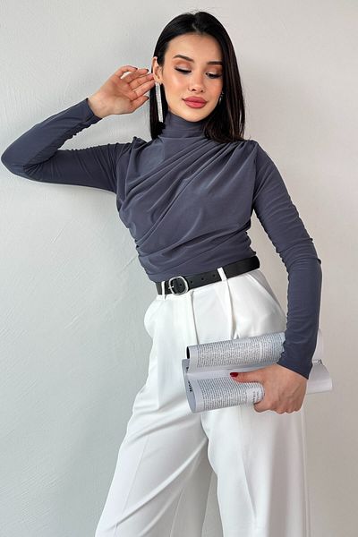 Cappmoda Blz-9871 Smoked Side Gathered Draped Long Sleeve Blouse