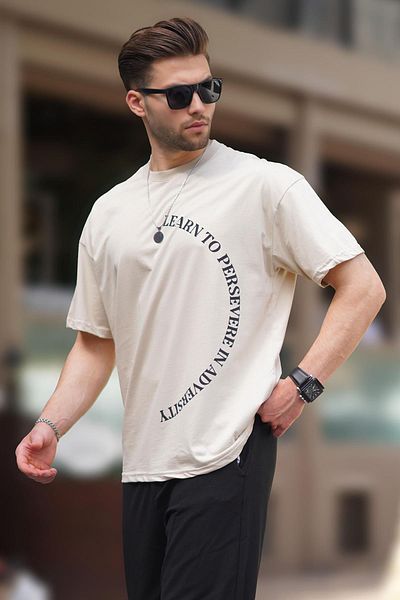 Madmext Μπεζ κοντομάνικο μπλουζάκι Overfit - Crew Neck, εμπριμέ 7040