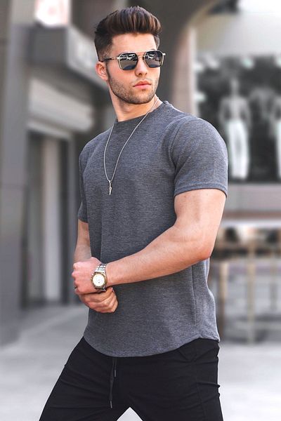 Madmext Anthracite Waffle Fabric T-Shirt Basic 5883