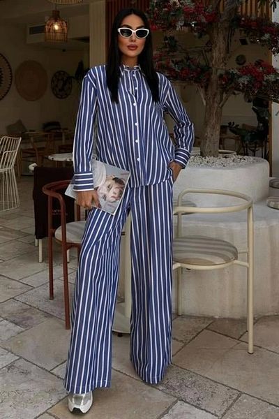 Butik Casual Striped Trousers Shirt Set 10053