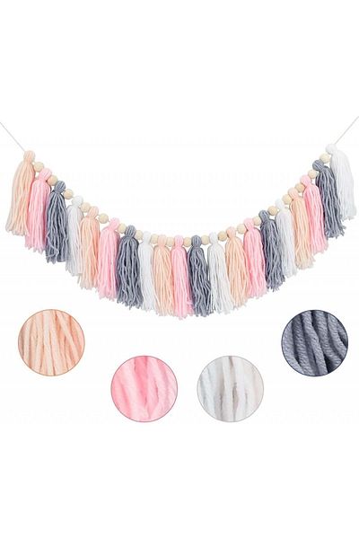 G2plus Decorative Garland With Tassels And Beads , Textile/wood, Pink/gray, 120 Cm