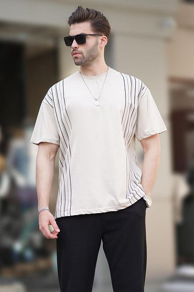 Madmext Μπλουζάκι Cotton Beige Overfit - Crew Neck, Γκρι Χρώμα Detailed 7038