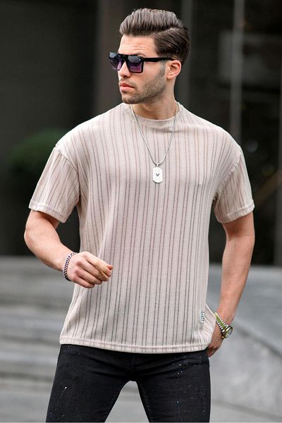 Madmext Ανδρικό μπλουζάκι μπεζ Oversize Crew Neck 6179