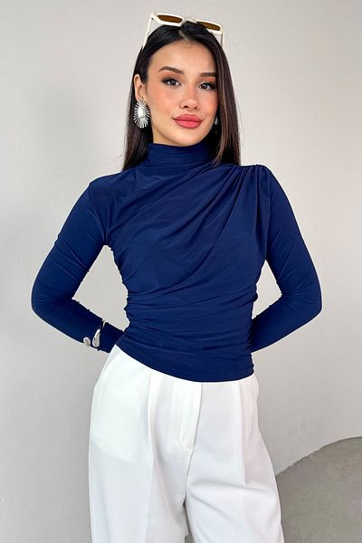 Cappmoda BLZ-9871 Μπλούζα με μακρυμάνικο ντραπέ σε μπλε ναυτικό