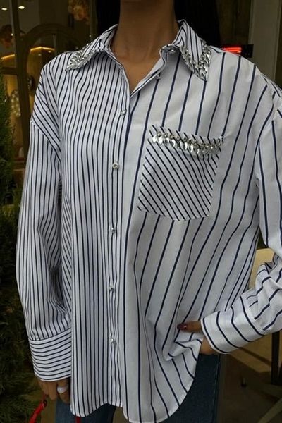 Butik Striped over Shirt with Stones on Collar and Pocket 3406
