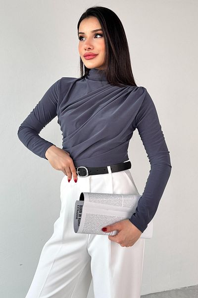 Cappmoda Blz-9871 Smoked Side Gathered Draped Long Sleeve Blouse