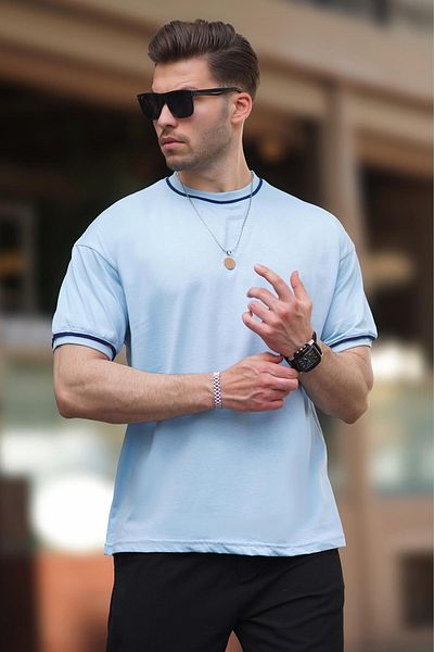 Madmext Ανοιχτό μπλε μπλουζάκι Overfit - Crew Neck, Sleeve Stripe, 7024