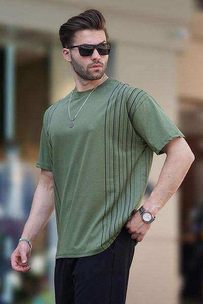Madmext Cotton Grey Overfit T-Shirt - Khaki Crew Neck, Color Detailed 7038