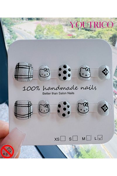 Youtrico Kid Press-on Nails 100% Handmade Hello Kitty Green, Non - Toxic, Suitable for 3+,L