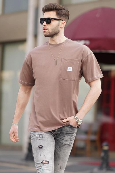 Madmext Καφέ ανδρικό μπλουζάκι Oversize με λεπτομέρεια τσέπης 7001
