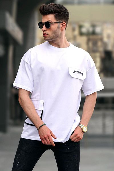 Madmext Weißes Oversize-T-Shirt mit Tasche 5833