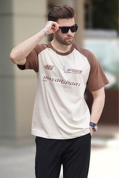 Madmext Ανδρικό T-Shirt 7034 - Μπεζ εμπριμέ, βαμβακερό, κοντομάνικο