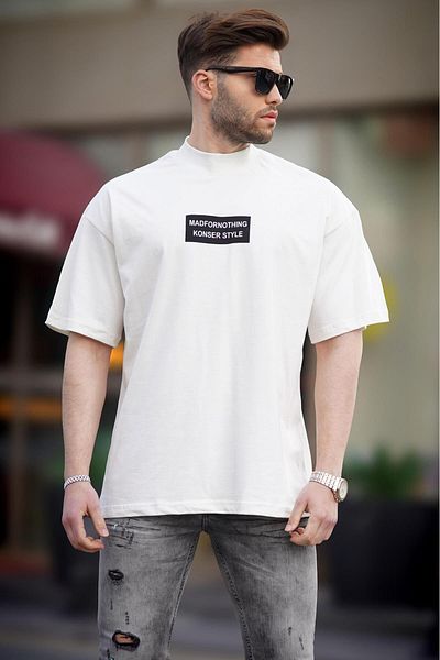 Madmext Ecru Liegender Stehkragen Oversize Herren T-Shirt 7005