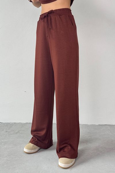 Cappmoda TKM-03690 Καφέ μπλούζα με γιακά πόλο Φαρδύ παντελόνι Σετ δύο τεμαχίων