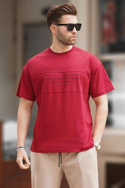 Madmext Ανδρικό μπλουζάκι με στάμπα Oversize - Crew Neck, Claret Red 7018