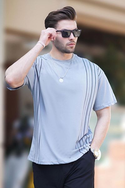 Madmext Γκρι βαμβακερό μπλουζάκι Overfit - Crew Neck, Χρώμα Detailed 7038