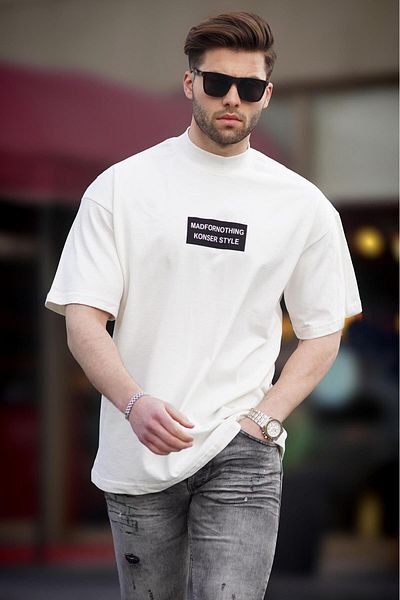 Madmext Ecru Liegender Stehkragen Oversize Herren T-Shirt 7005