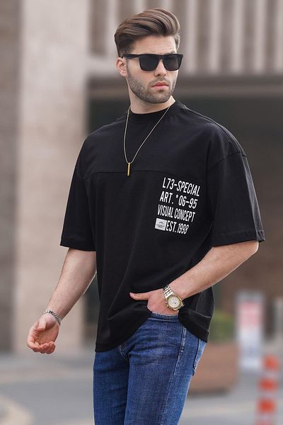 Madmext Ανδρικό μπλουζάκι με εμπριμέ μαύρο oversize 6193