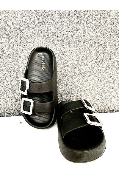 Akınal Bella Stone Double Buckle Comfortable Orthopedic Slippers Black