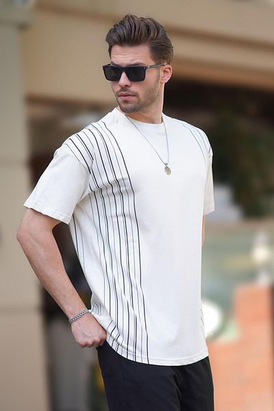 Madmext Baumwoll-Overfit-T-Shirt in Ecru, Rundhalsausschnitt, graue Details, 7038