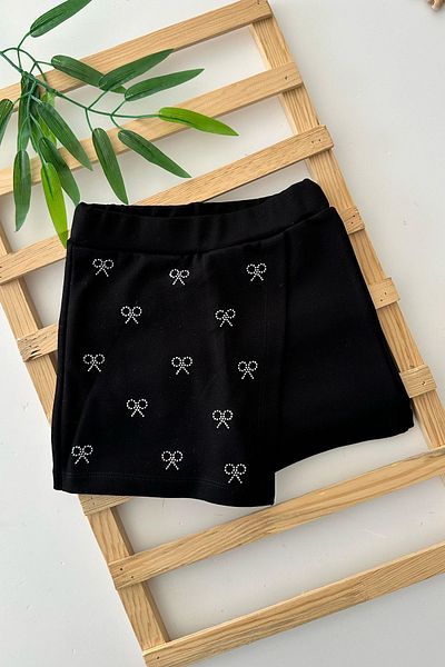 Minigimin Cicileri My Little One's Blisters Stoned Bow Detailed Steel Fabric Shorts Skirt - Black