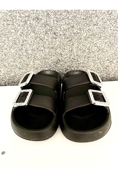 Akınal Bella Πέτρινες Άνετες Ορθοπεδικές Παντόφλες Διπλής Πόρπης Μαύρες