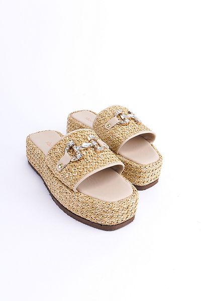 SHOEMARK Vera Beige Buckle Detailed Wedge Heel Straw Women's Slippers