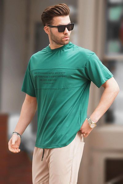 Madmext Oversize Σκούρο Πράσινο Ανδρικό T-Shirt - Crew Neck, εμπριμέ, 7018