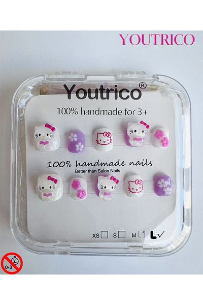 Youtrico Kid Press-on Nails 100% Handmade Kawaii Hello Kitty Green, Safe for 3+ ,L