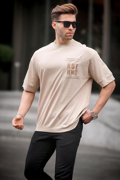 Madmext Μπεζ Μπλουζάκι Oversize με Λεπτομέρεια Τσέπης 7008