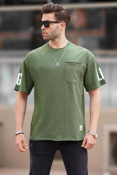 Madmext Ανδρικό T-Shirt - Χακί λεπτομέρεια τσέπης, στάμπα μανίκι, βασικό μοντέλο 7016