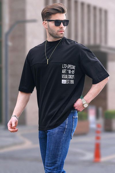 Madmext Ανδρικό μπλουζάκι με εμπριμέ μαύρο oversize 6193