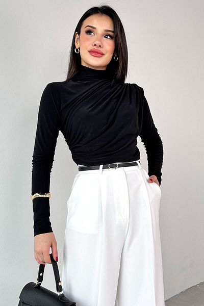 Cappmoda BLZ-9871 Μαύρη μακρυμάνικη μπλούζα με ντραπέ