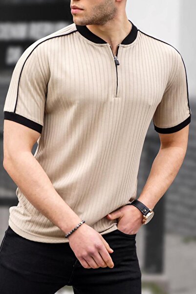 Madmext Béžové pánské tričko z česané bavlny se zipem