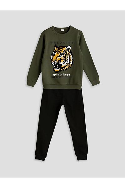 LC Waikiki Lcw Kids Green Crew Neck Tiger Printed Boys Tracksuit Set