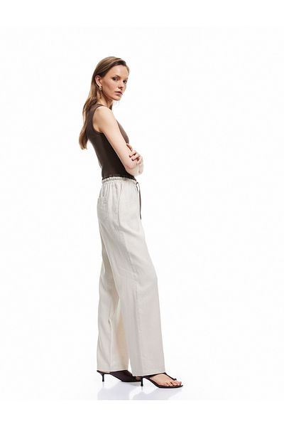 Koton Contrast Detailed Tied Waist Pocket Wide Leg Linen Trousers