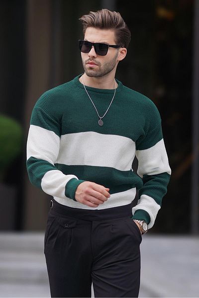 Madmext Πράσινο μακρυμάνικο πλεκτό πουλόβερ - Crew neck, Color Block 7236
