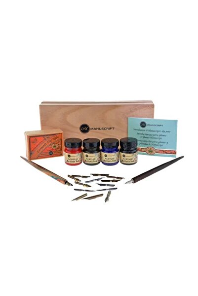 Manuscript Kaligrafi Artist Ahşap Kutu Seti - 12 Divit Uç - 4 Mürekkep - 2 Divit Sapı