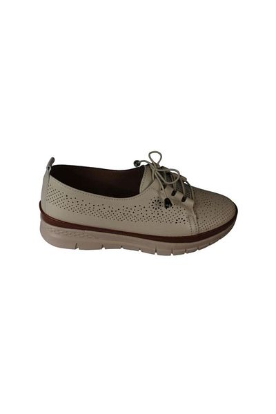 Yaz Kış Ayakkabı Yazkiş Women's Black Cream Skin Perforated Tongue Part Stone over Rubber Lacing Comfort Sole Shoes