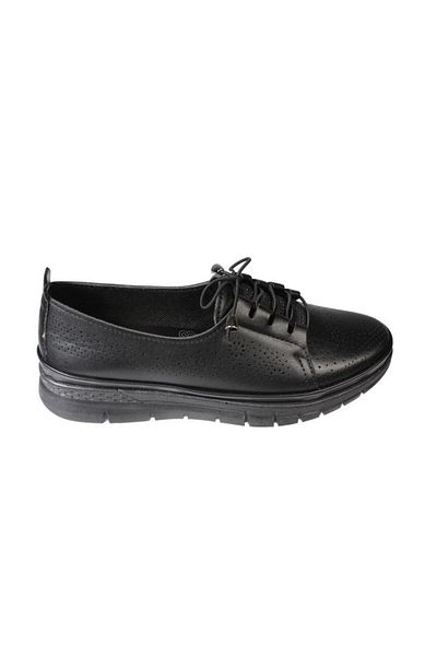 Yaz Kış Ayakkabı Yazkiş Women's Black Cream Skin Perforated Tongue Part Stone over Rubber Lacing Comfort Sole Shoes
