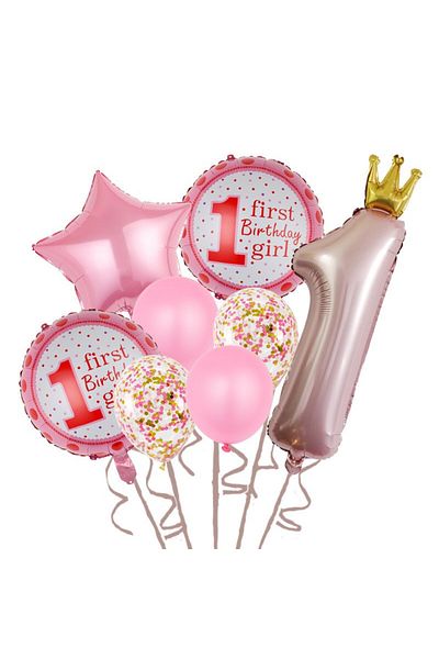 Flippy 8 Baloane Folie Latex Flippy, Cifra 1 91cm Stea 45 cm Cerc 55 cm Latex 30 cm Aniversare Girl Roz