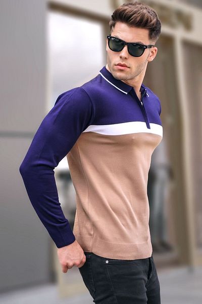 Madmext Beige Zippered Polo Neck Knitwear Sweater 5787