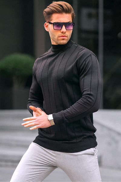 Madmext Pulover pentru bărbați, negru, slim fit, cu jumătate de gât țesut cu dungi, fără peri, 6344