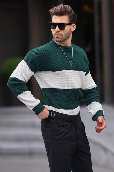Madmext Πράσινο μακρυμάνικο πλεκτό πουλόβερ - Crew neck, Color Block 7236
