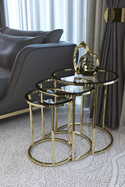 Puklife Pera 3lü Zigon Sehpa Gold Renk Metal Ayak, Füme Temperli Cam