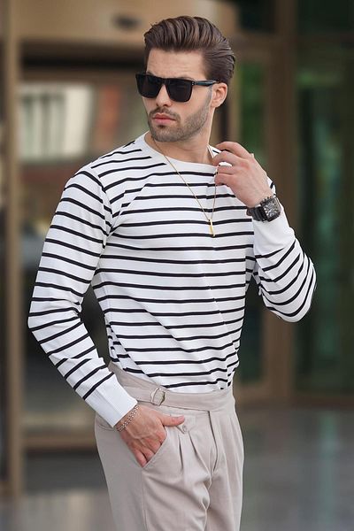Madmext Pulover alb cu dungi cu gât crew - 7241