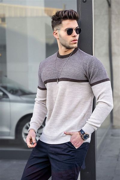 Madmext Béžový farebný blok pánsky sveter 4734